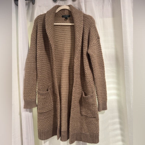 Lauren Ralph Lauren Sweaters - Lauren Ralph Lauren Petite Brown Waffle Knit Wool Blend Cardigan Sweater PM